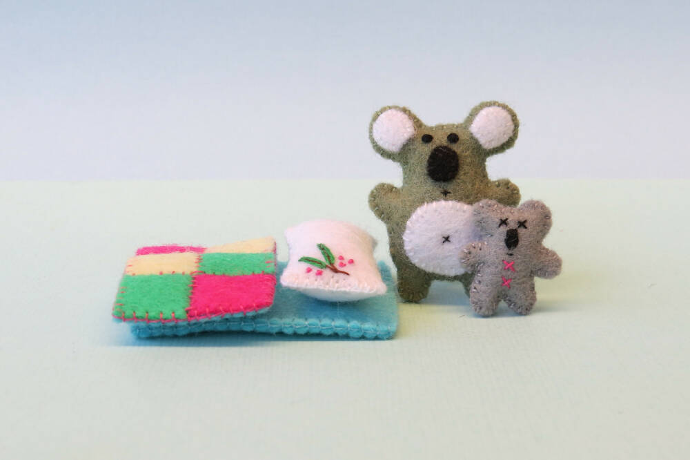 Miniature Felt Koala - Wool Felt Play Set - Tin Bed