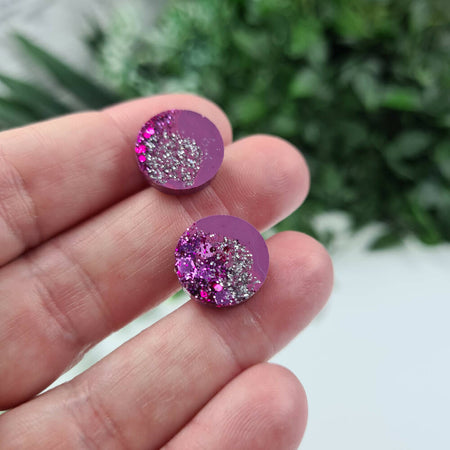 STUD Earrings - Rollie Round - Purple & Silver Glitter - Resin