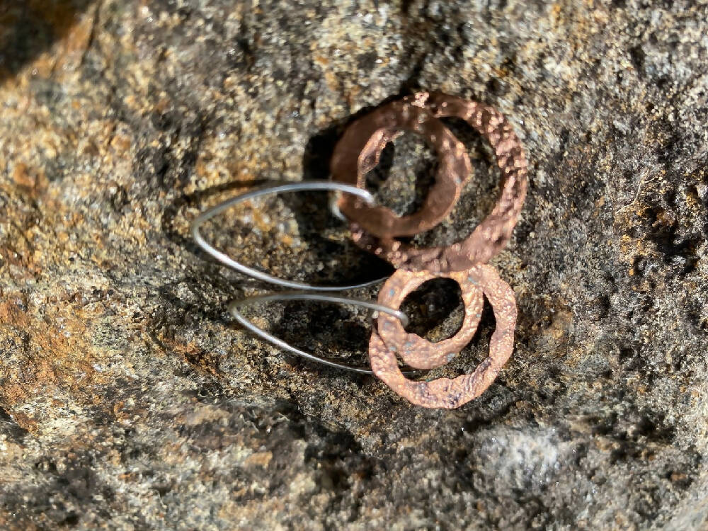 Hammered Copper and Sterling Silver Leaf Drop Earrings