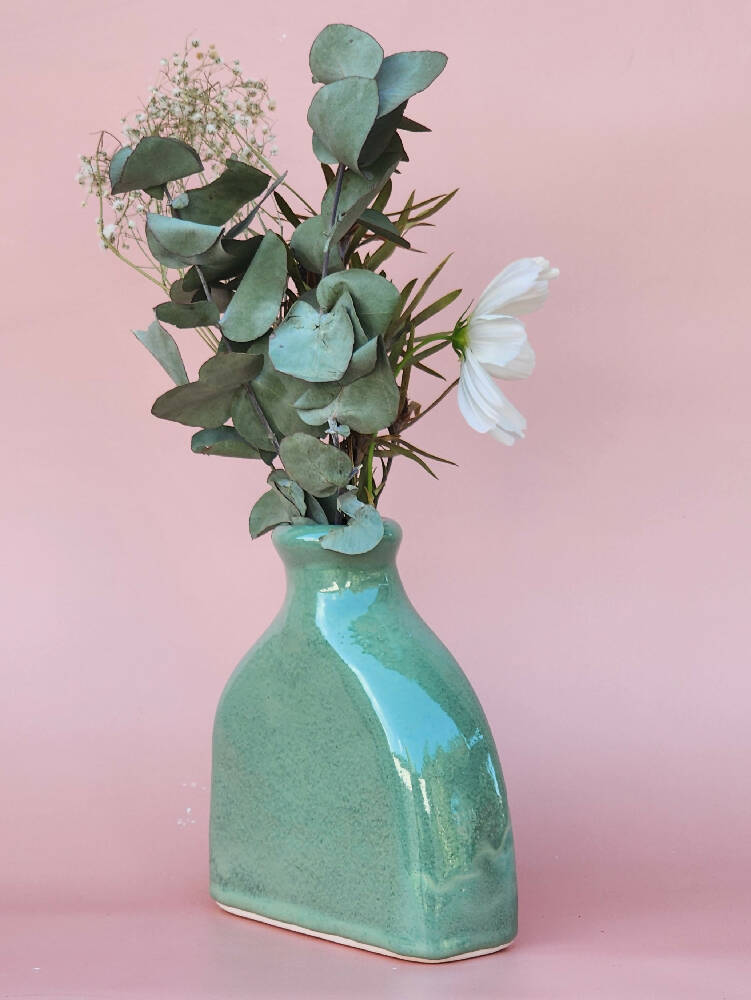 Handmade Ceramic Bottle Vase - Green Stone Glazed