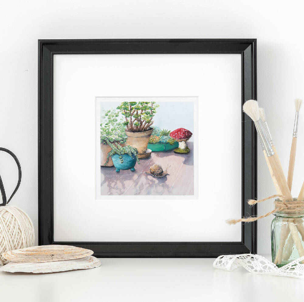 Succulent Temptation - Giclee Art Print by Kathleen Quinert @ Ark Hill Studio - Potted succulents, on the porch, early morning summer rain, the fresh scent of earth and green lush garden. A peaceful place to sit, to start a new day, slow, with purpose, to begin a beautiful day.