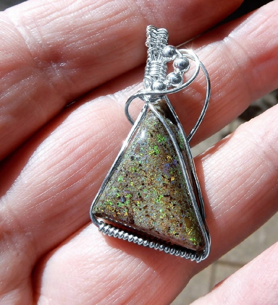 Andamooka Rainbow opal pendant Sterling wire wrapped