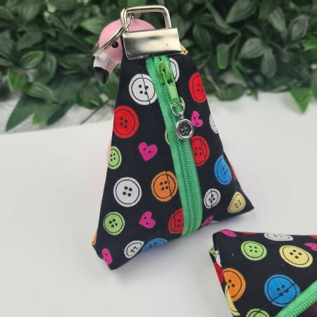 Zippity Keyring Zip Pouch - Black Rainbow Buttons - Triangle Keyfob