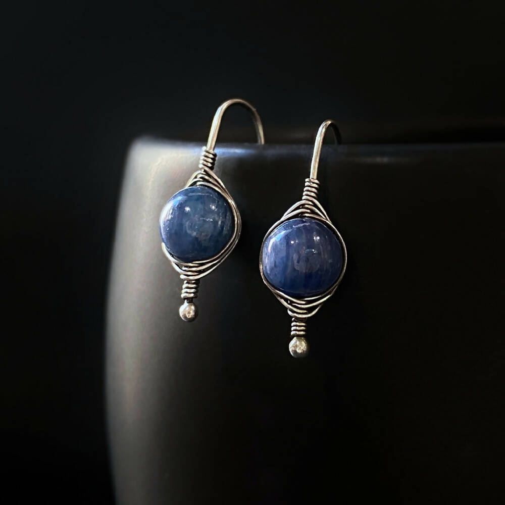 Earrings Sterling Silver Herringbone Wire Wrapped Kyanite D