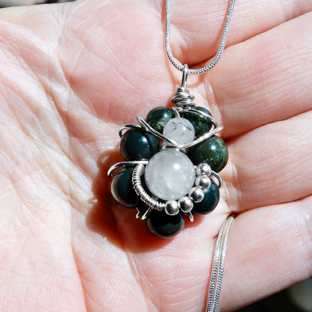 Bloodstone Quartz bead pendant Antiqued Sterling silver wrapped