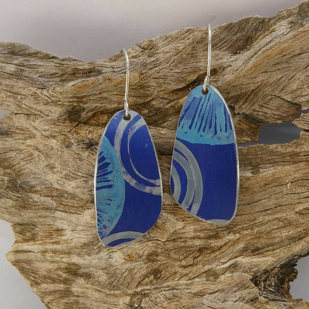 Printed and dyed blue on blue anodised aluminium earrings