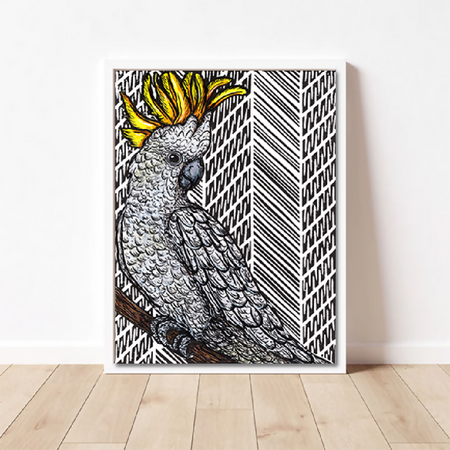 Australian Birds - Sulphur Crested Cockatoo - Linoprint and Watercolour