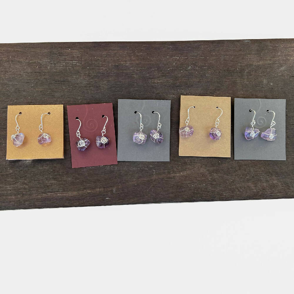 Silver wrapped amethyst dangle earrings