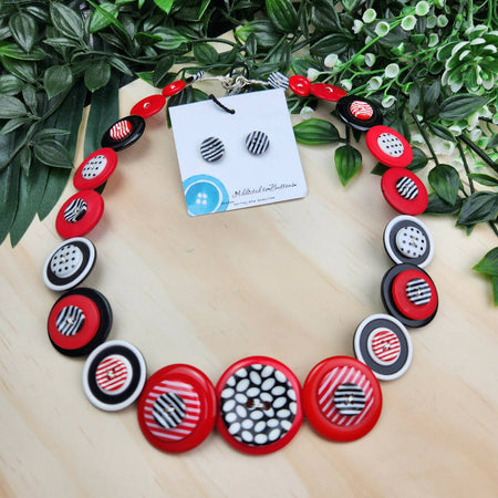 Button Necklace - Red Black White Spots - Jewellery + Earrings