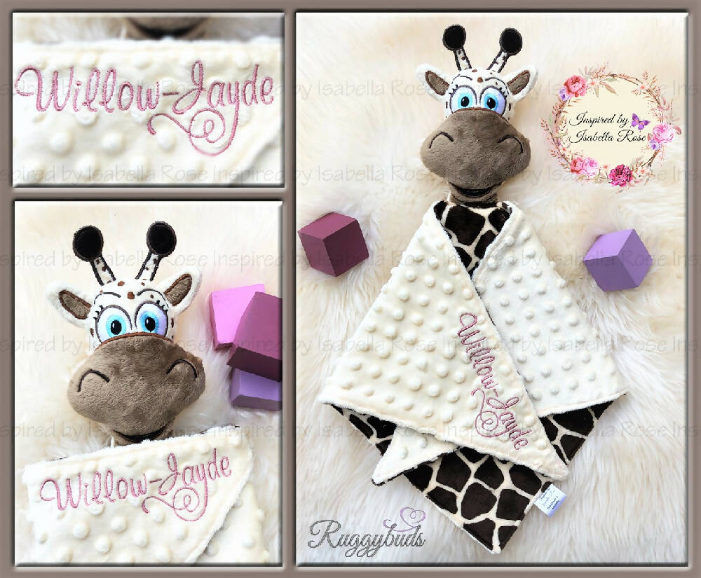 Baby comforter, Embroidered name, Giraffe themed Ruggybud, Made to order