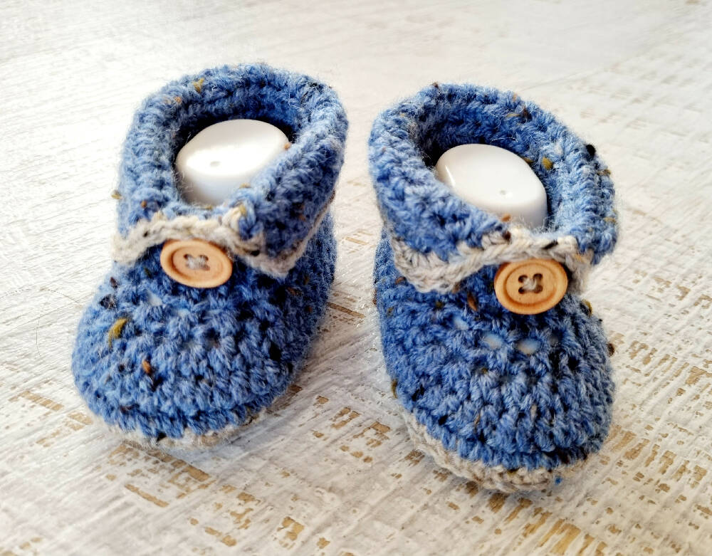 Baby Booties Blue Tweed Newborn Crochet Knit Shoes Socks Handmade