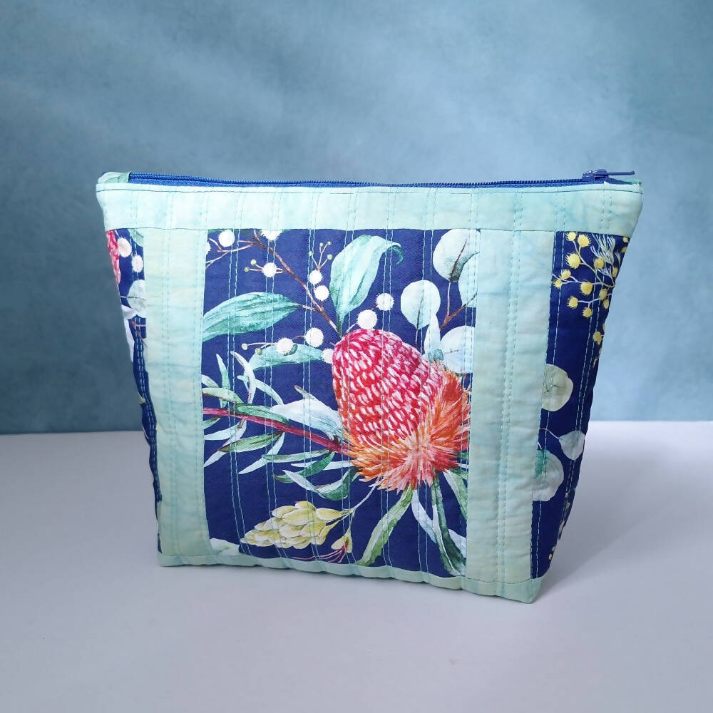 Quilted zipper pouch project bag Banksia Flowers