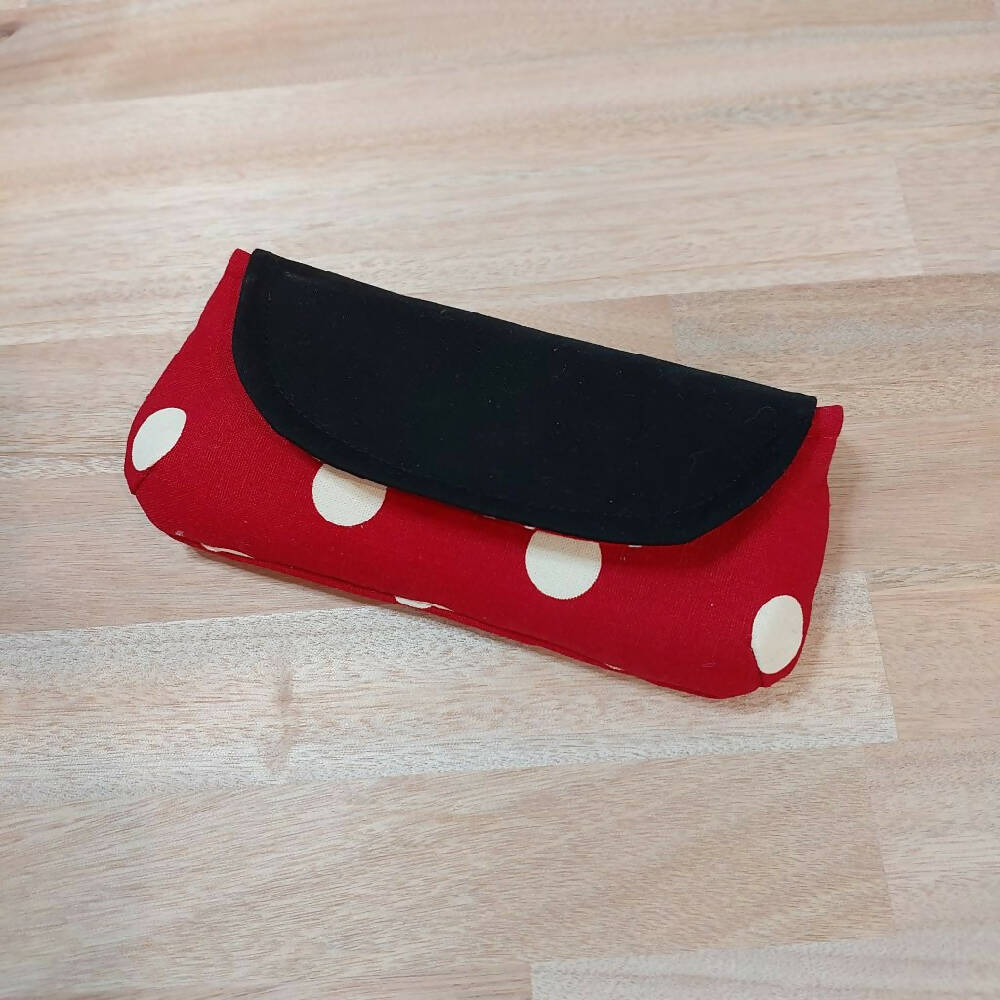 Red and white polka dot glasses/small makeup pouch