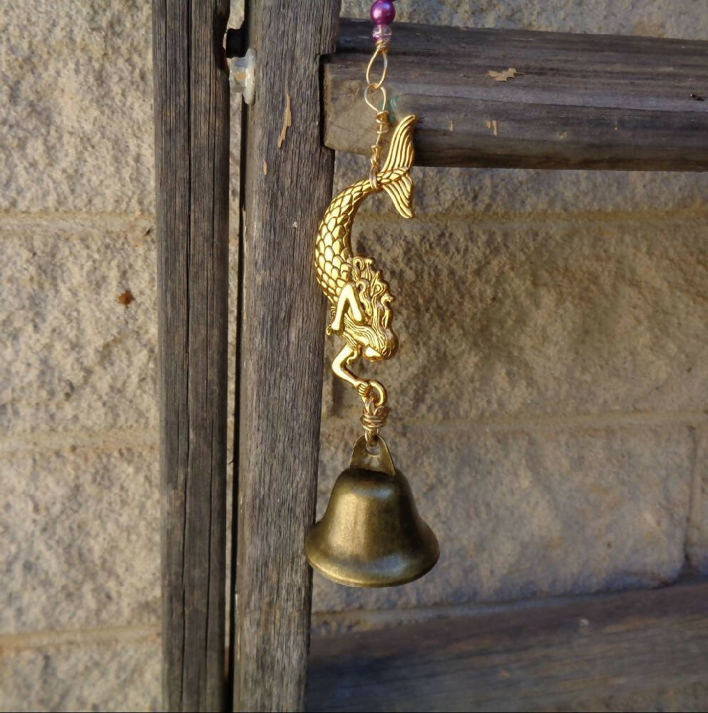 Beaded Windchime - Mermaid Decor - Bronze Bell