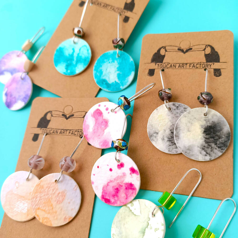 Hand Painted Watercolour Dangle Earrings - sterling silver & paper