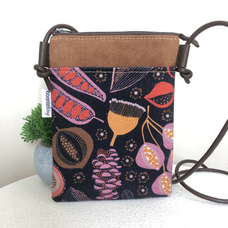 Cross Body Phone Sling Bag in Tan Canvas with Native Seed Pod