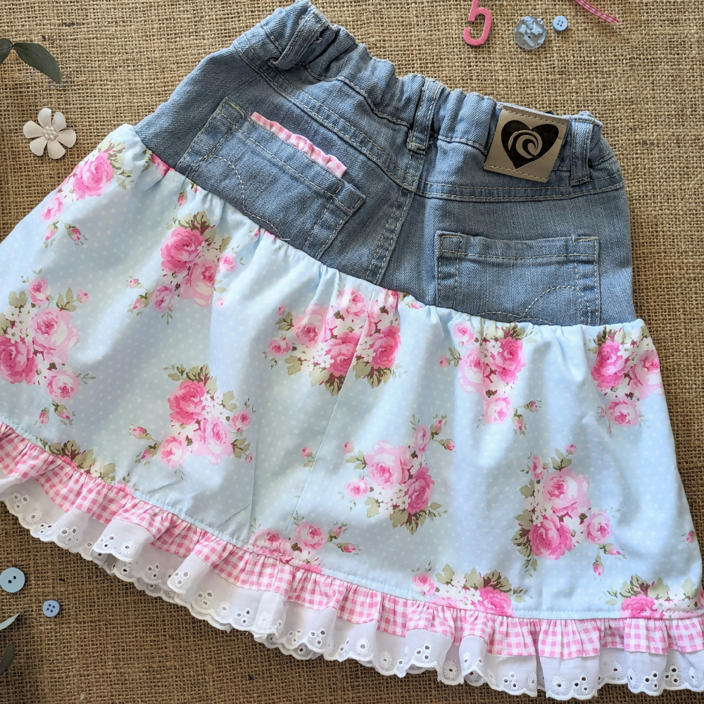 Girls Skirt Upcycled Denim Pink Posies Gingham and lace Size 5