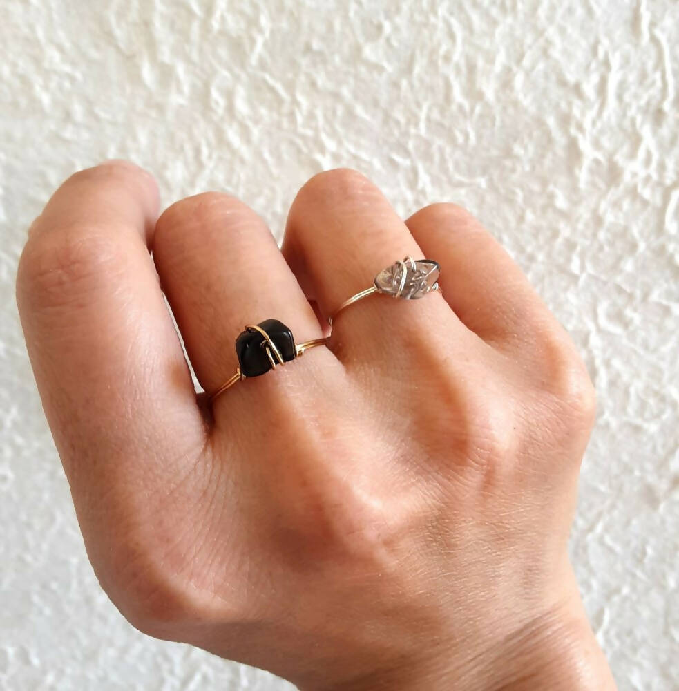 Dainty Natural gemstone wire wrapped ring , Howlite Crystal Quartz Smoky Quartz Obsidian