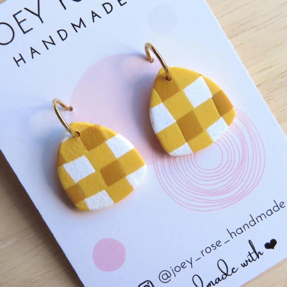 Yellow and White Textured Gingham Small Polymer Clay Earrings