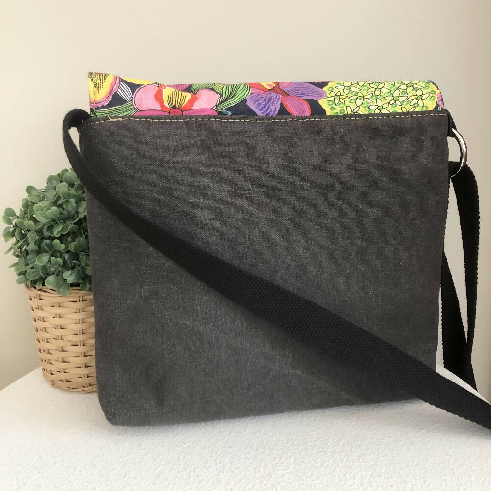 Grey Canvas and Genuine Leather Crossbody Bag with Orchids