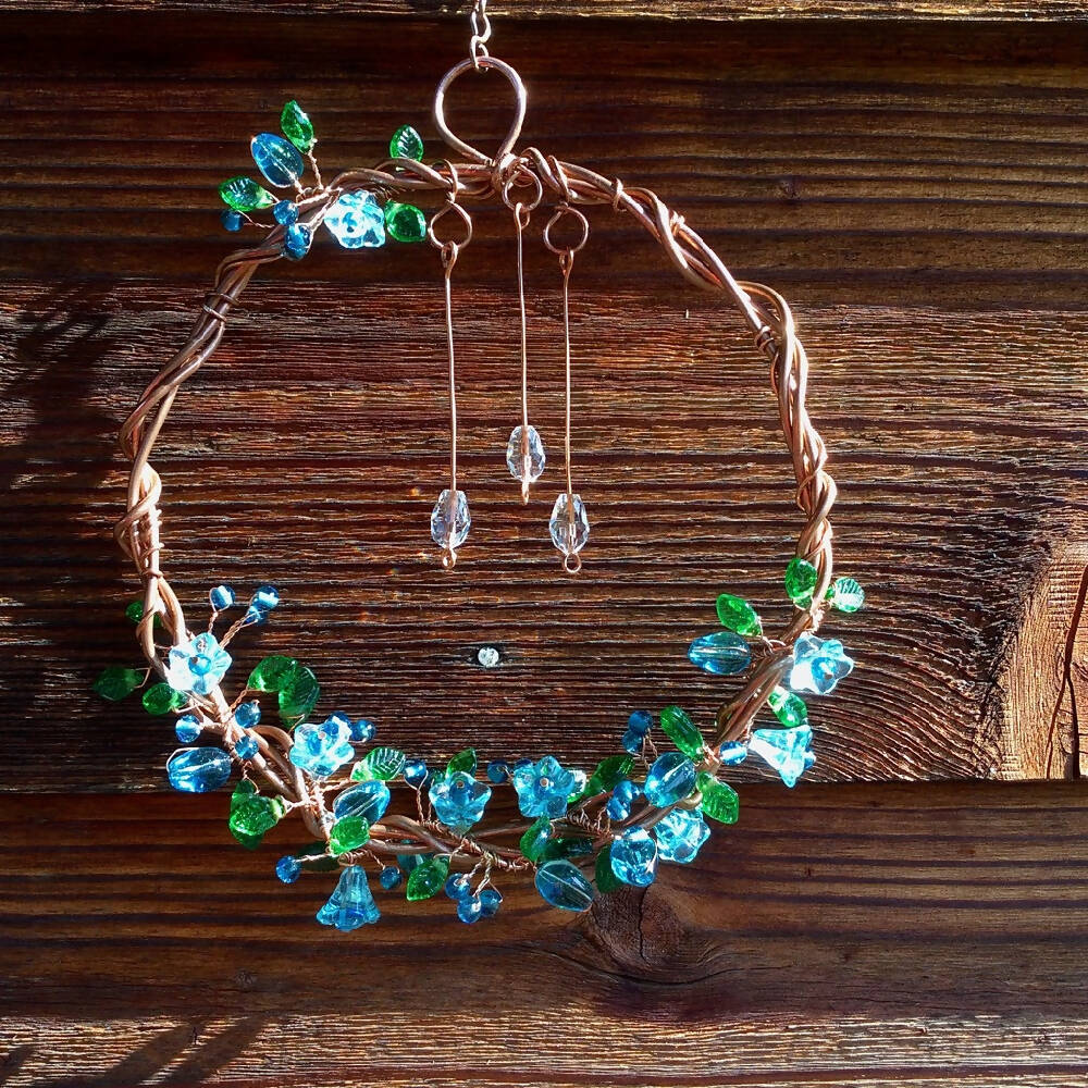 Wreath: Aqua Bell Flower and Green Leaves Glass Beads