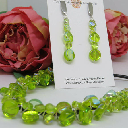 Apple Green Fire Polished Wire Wrapped Necklace Earrings Set