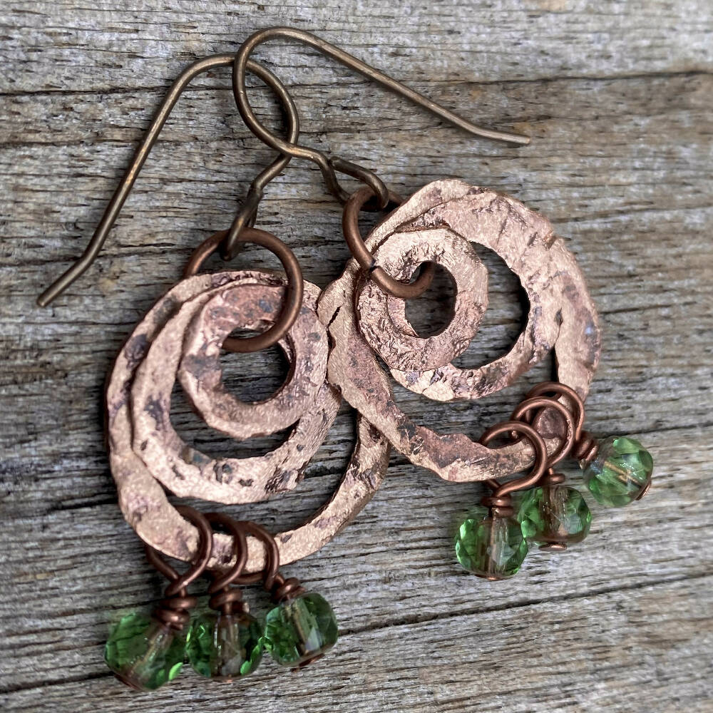 Hand Hammered Copper & Green Bead Earrings