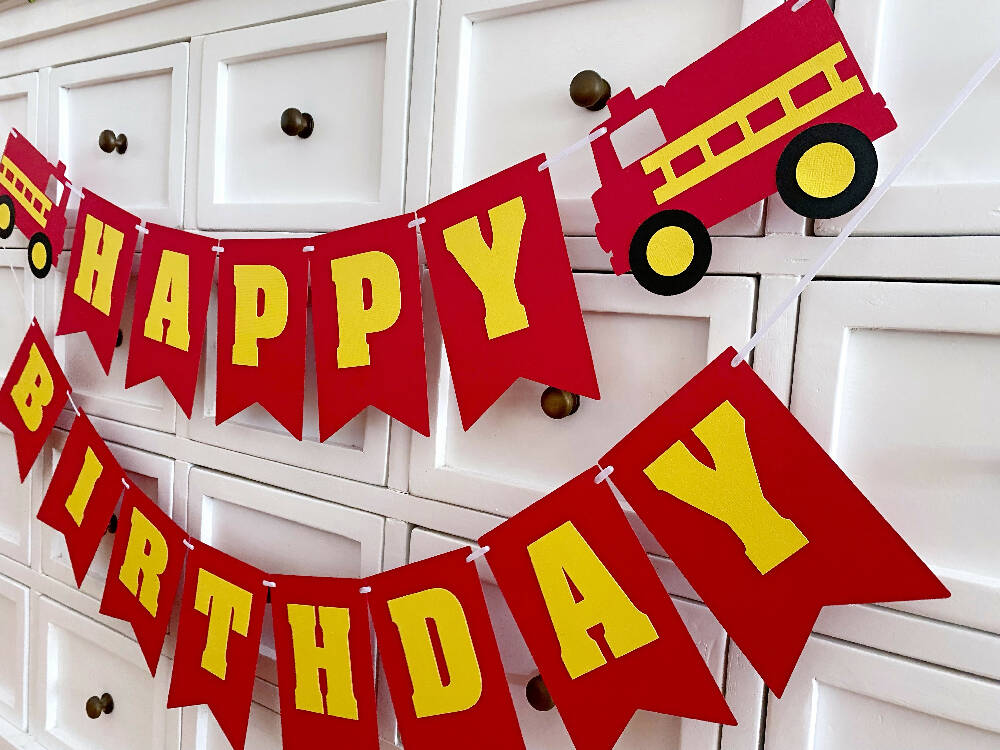 Fire truck Happy Birthday banner.