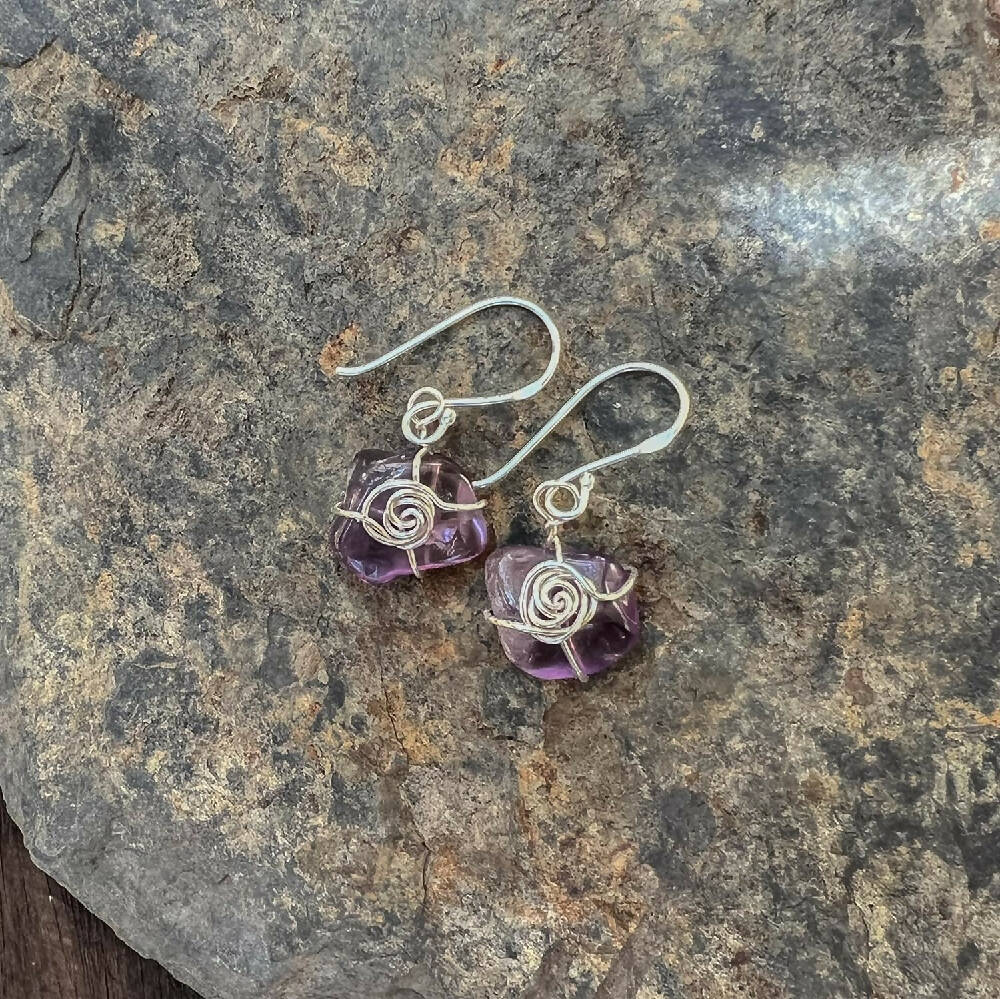 Silver wrapped amethyst dangle earrings