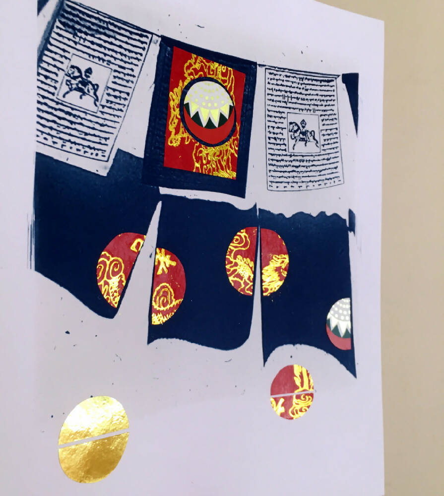 Prayer Flags, Original Cyanotype, Buddhist Art Print, Collage, Mixed Media