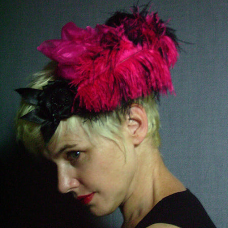 Race Day Hat / Fascinator / Cocktail Hat - Bright Pink with ostrich plumes etc