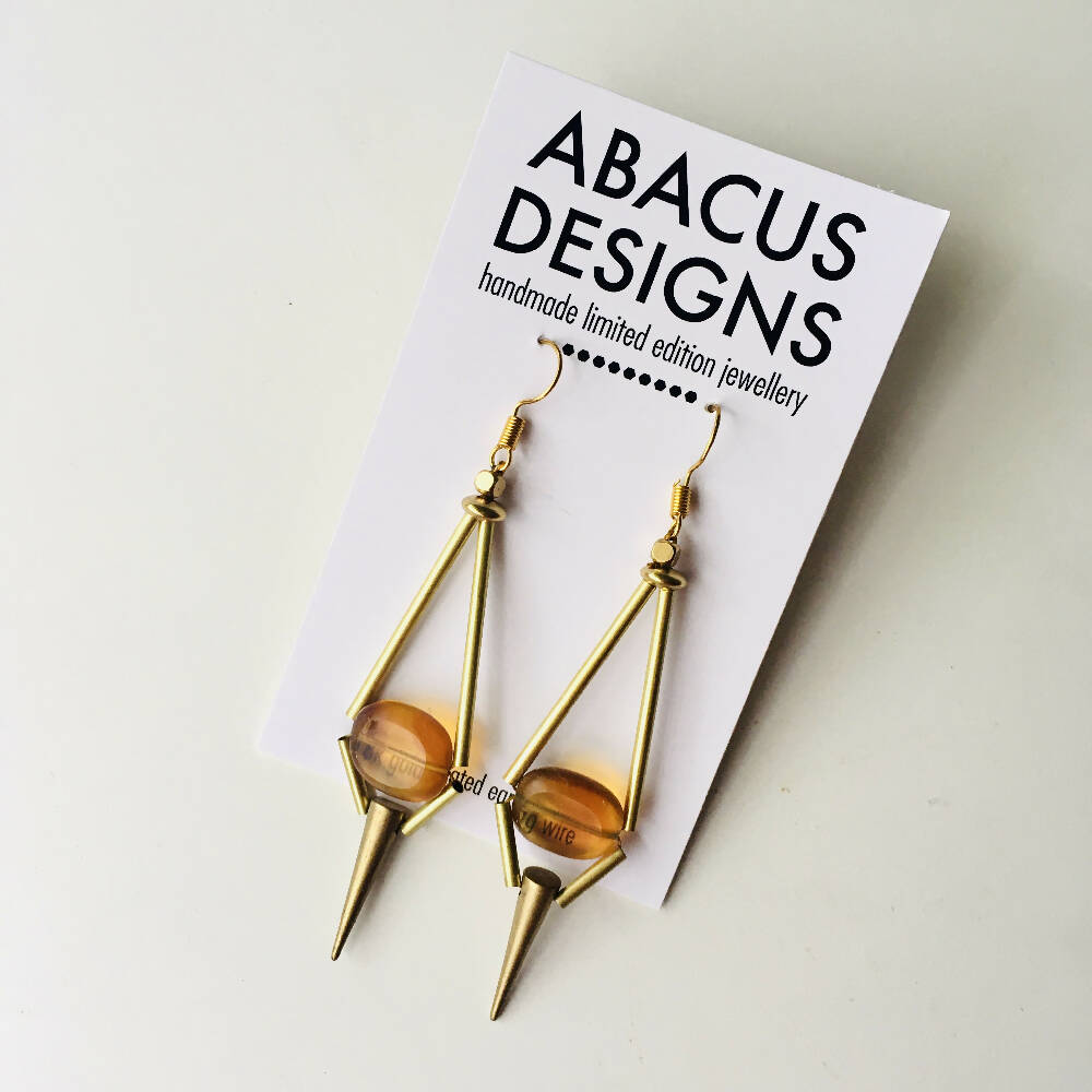 White and amber long gold dangly earrings