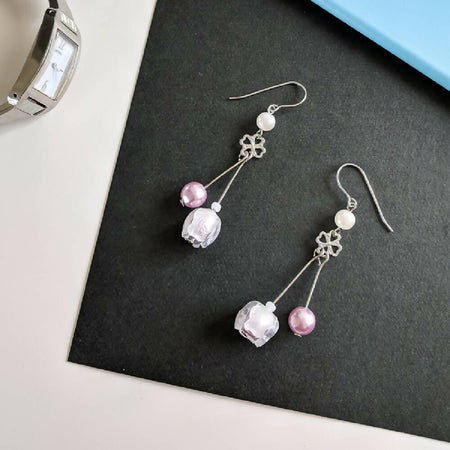 Bell Flower Duo Drop Earrings (Lavender Purple/ Ice Blue)