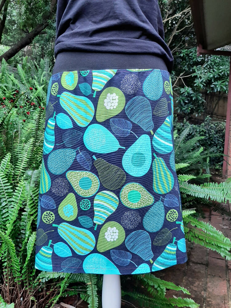 Avocado and pear skirt in blues and greens