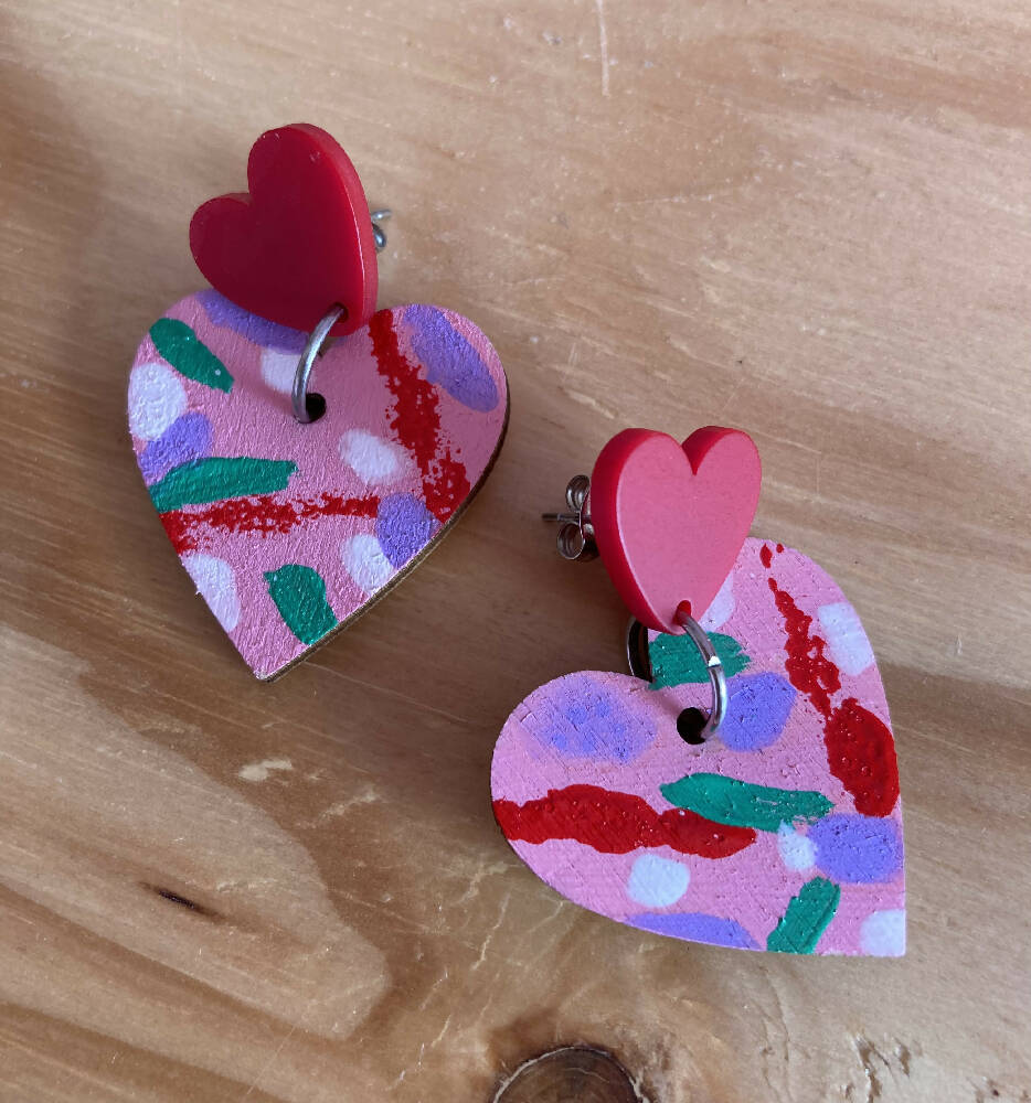 Pink Handpainted heart earrings