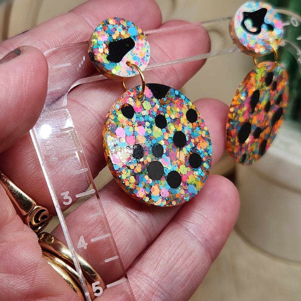 Dangle Earrings - Confetti Leopard Spots - Resin Stud Top