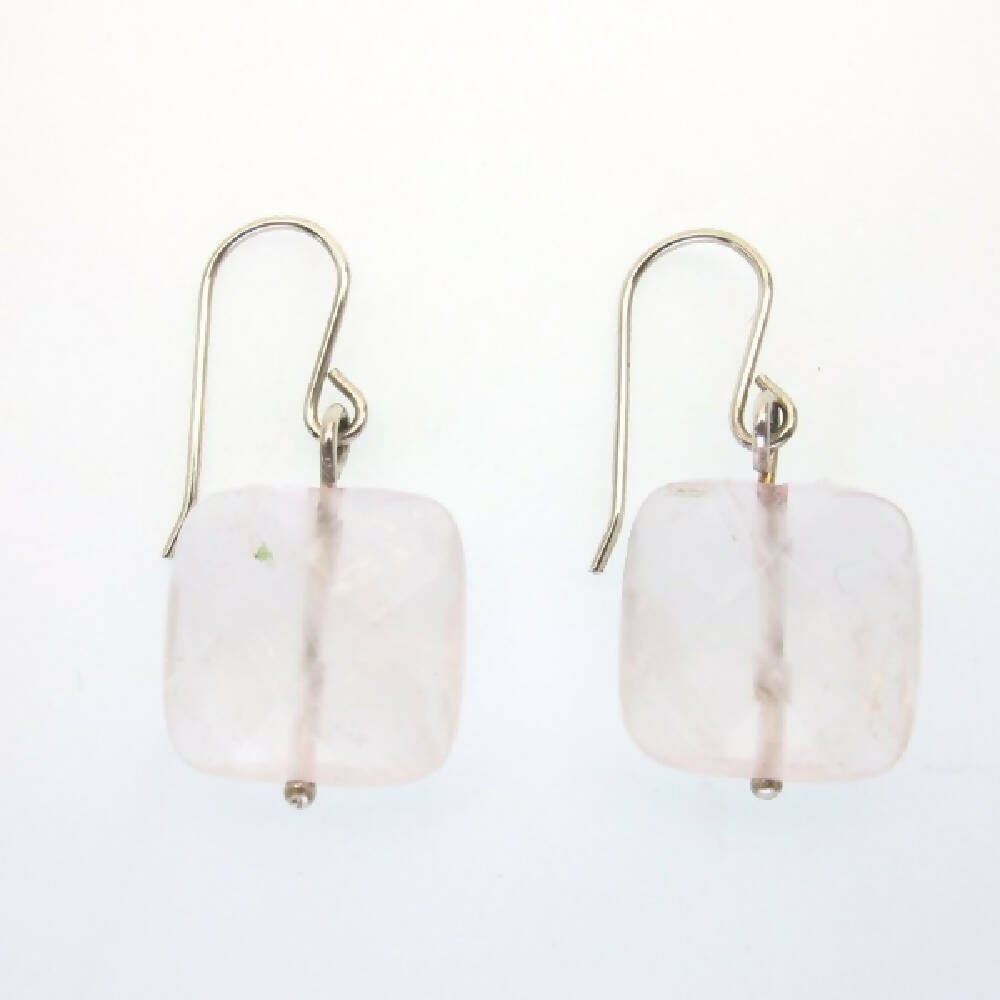 Rose quartz square cushion sterling silver earrings 4