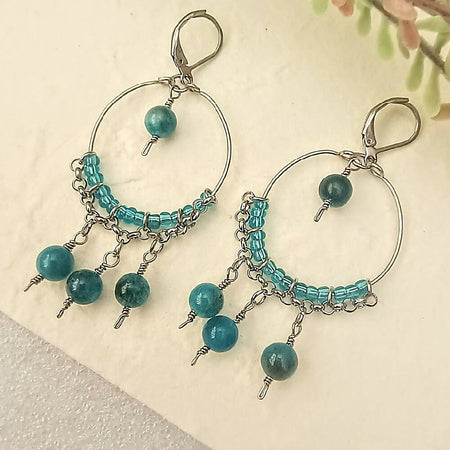 Boho Chained Hoops - Blue Apatite Jade (One Pair Only)