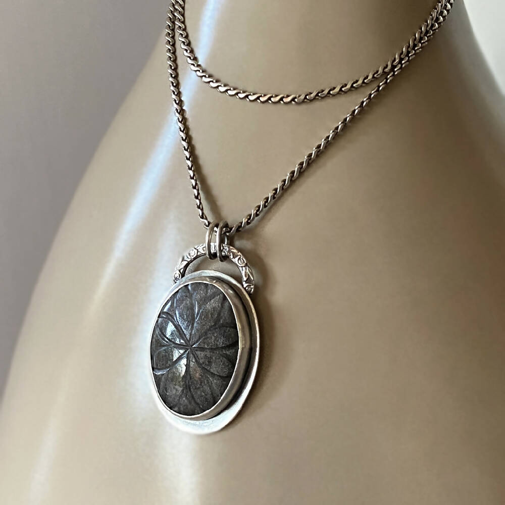 Pendant Sterling Silver Bezel Obsidian Oval Carved L