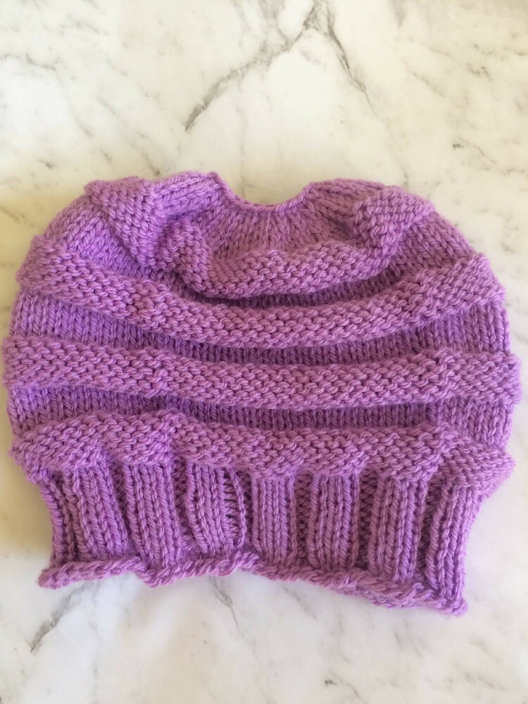 Hand knitted messy bun/ponytail hat beanie