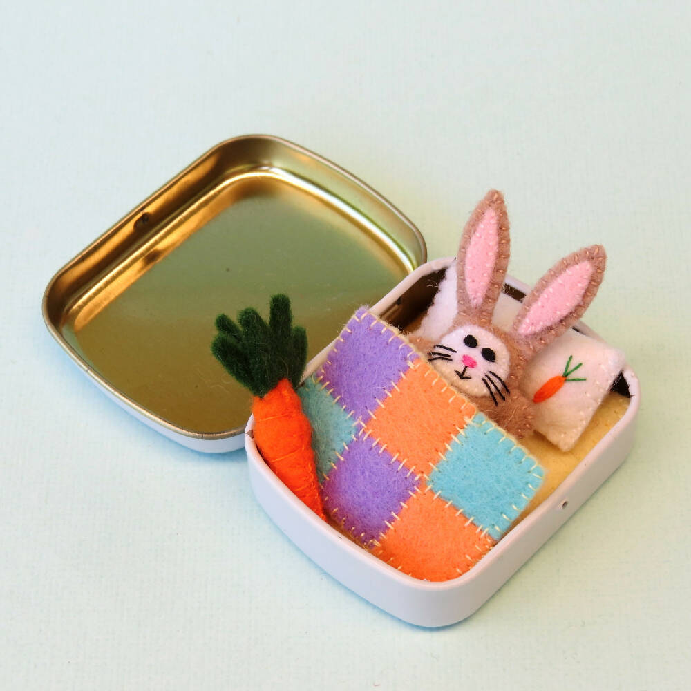 Miniature Felt Rabbit - Wool Felt Bunny Play Set - Tin Bed