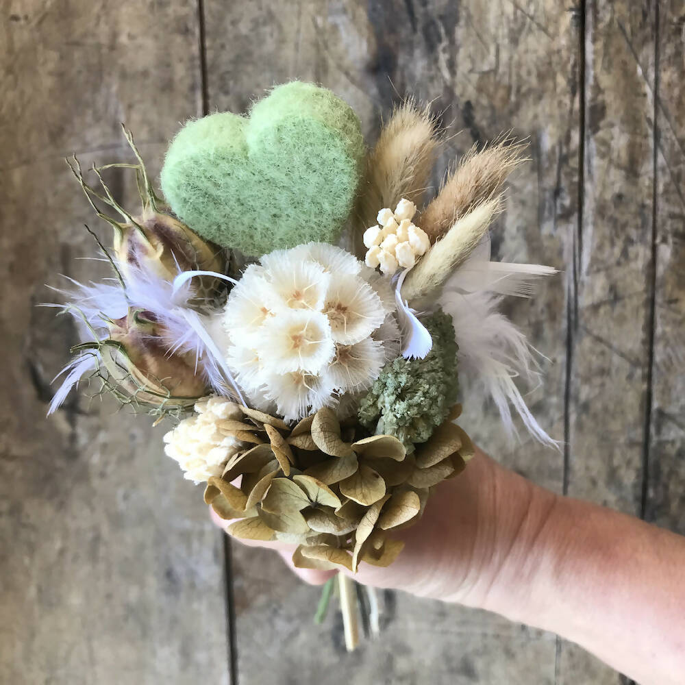 White natural and green posy with felted heart 23cm