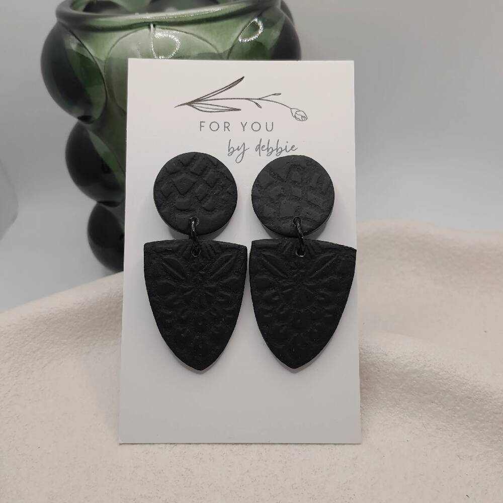 lace imprint black polymer clay statement earring - hypoallergenic stud