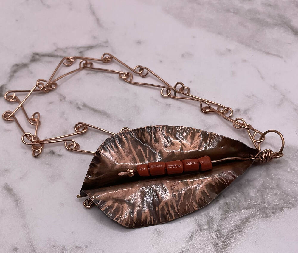 Leaf Pendant with Coral & Chain