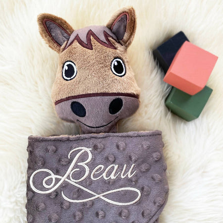 Baby comforter, Embroidered name, Horse themed Ruggybud, Made to order