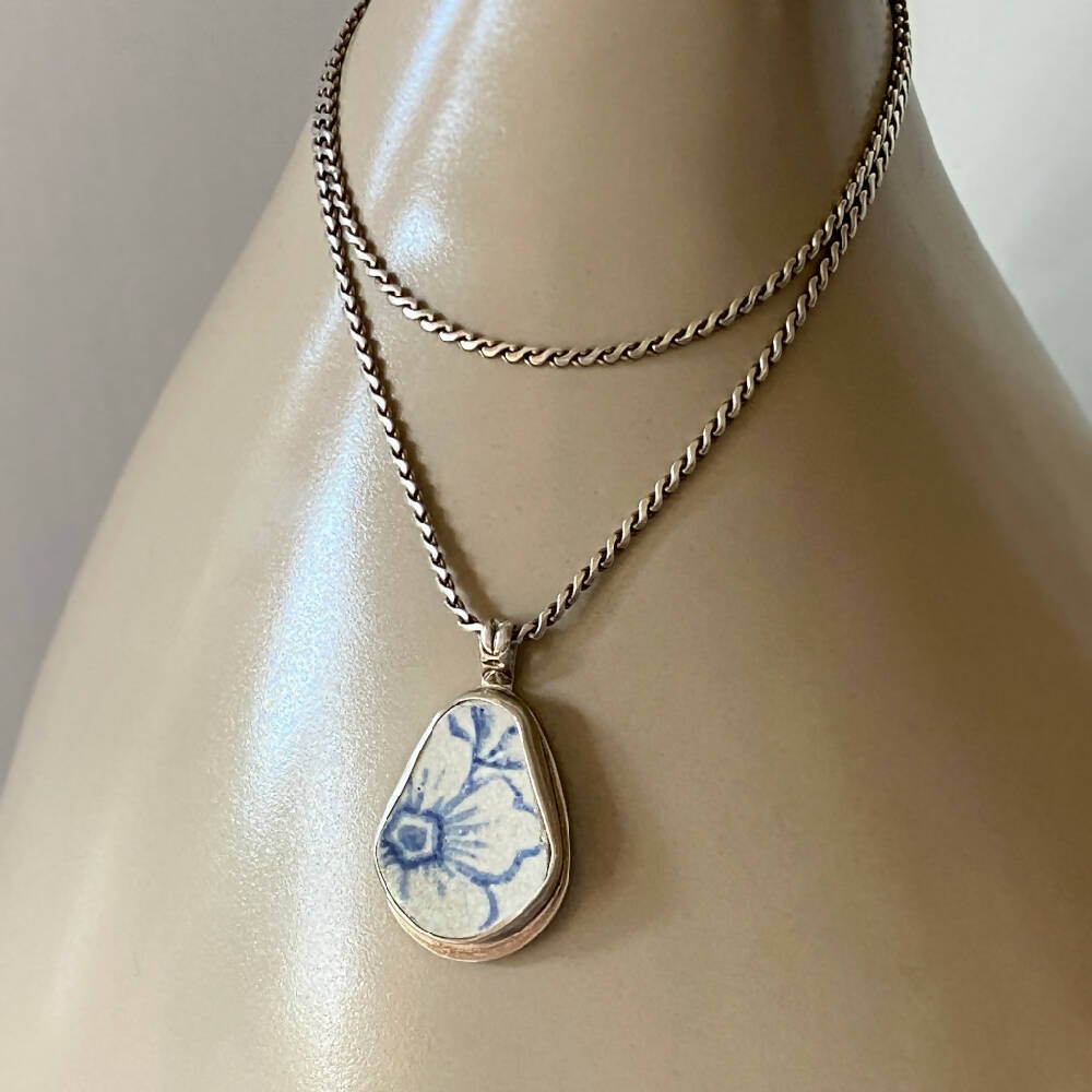 Sterling Silver Sea Pottery Bezel Set Pendant - Blue and White Flower L