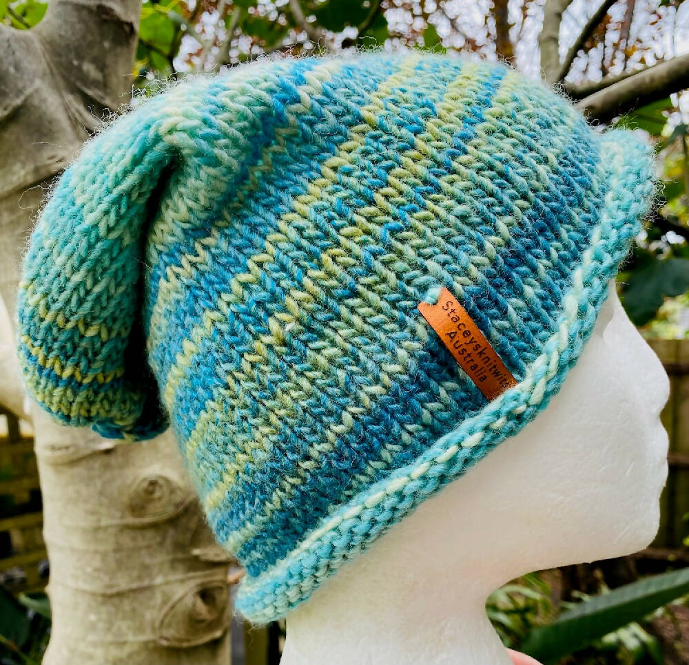 Green Ladies Slouchy Beanie Hand Knitted Staceysknitwits 003