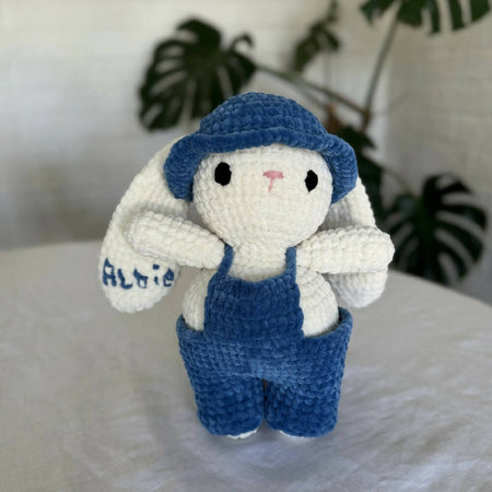Bunny, Soft Plush Toy in Overalls and Hat, with Embroidered Name BLUE
