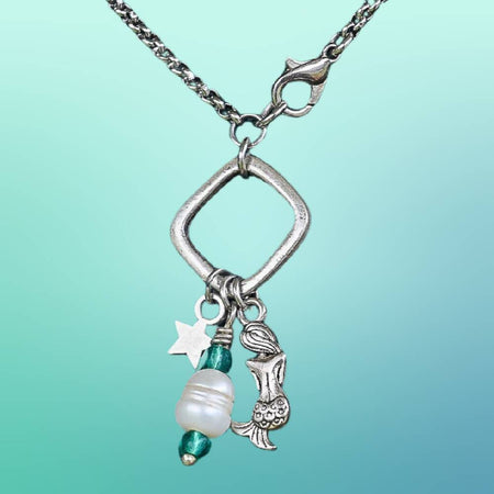 Lil Mermaid - Silver Charm - Wire wrapped Pearl - Chain Necklace