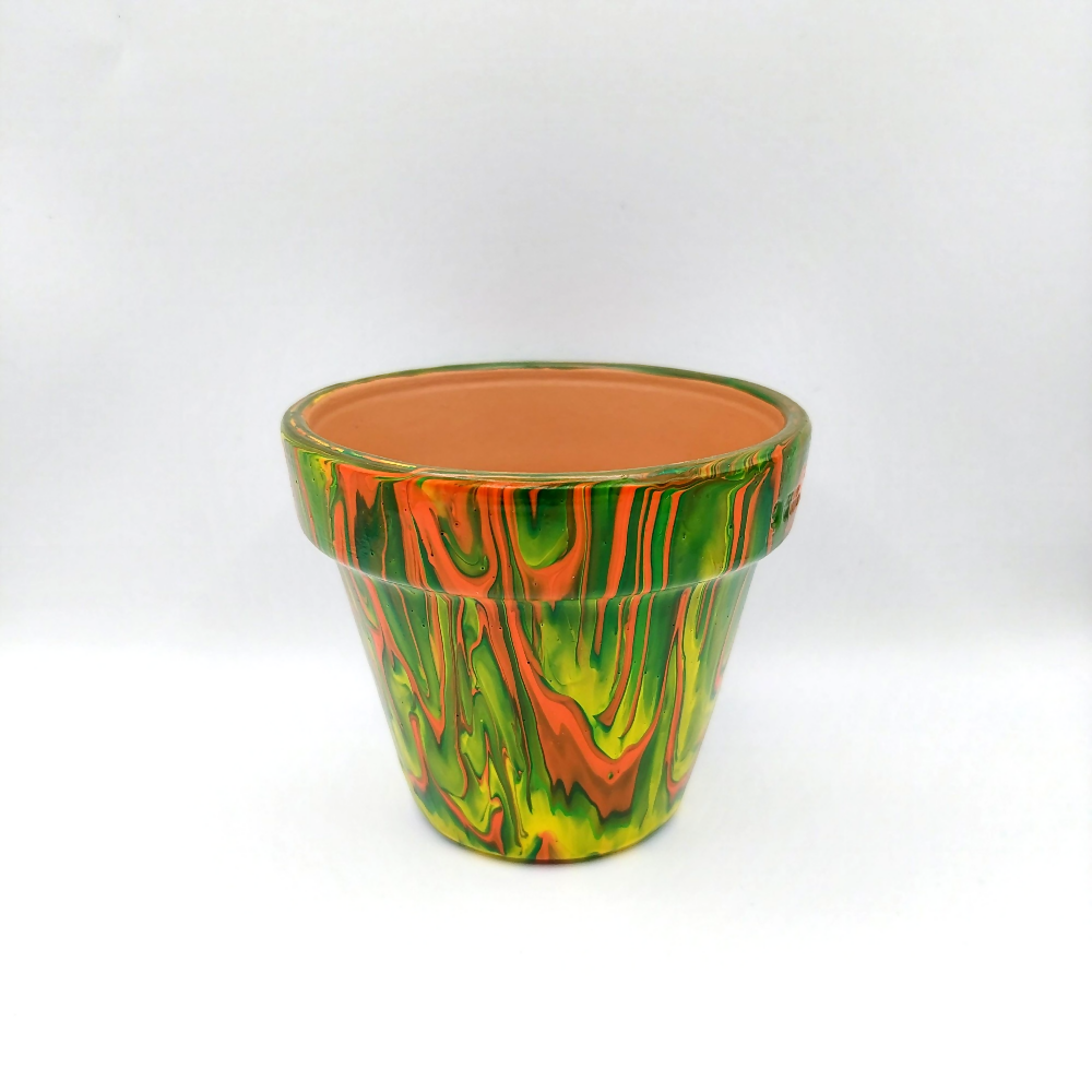 Yellow Green Orange Acrylic Poured Painted Small Terracotta Pot